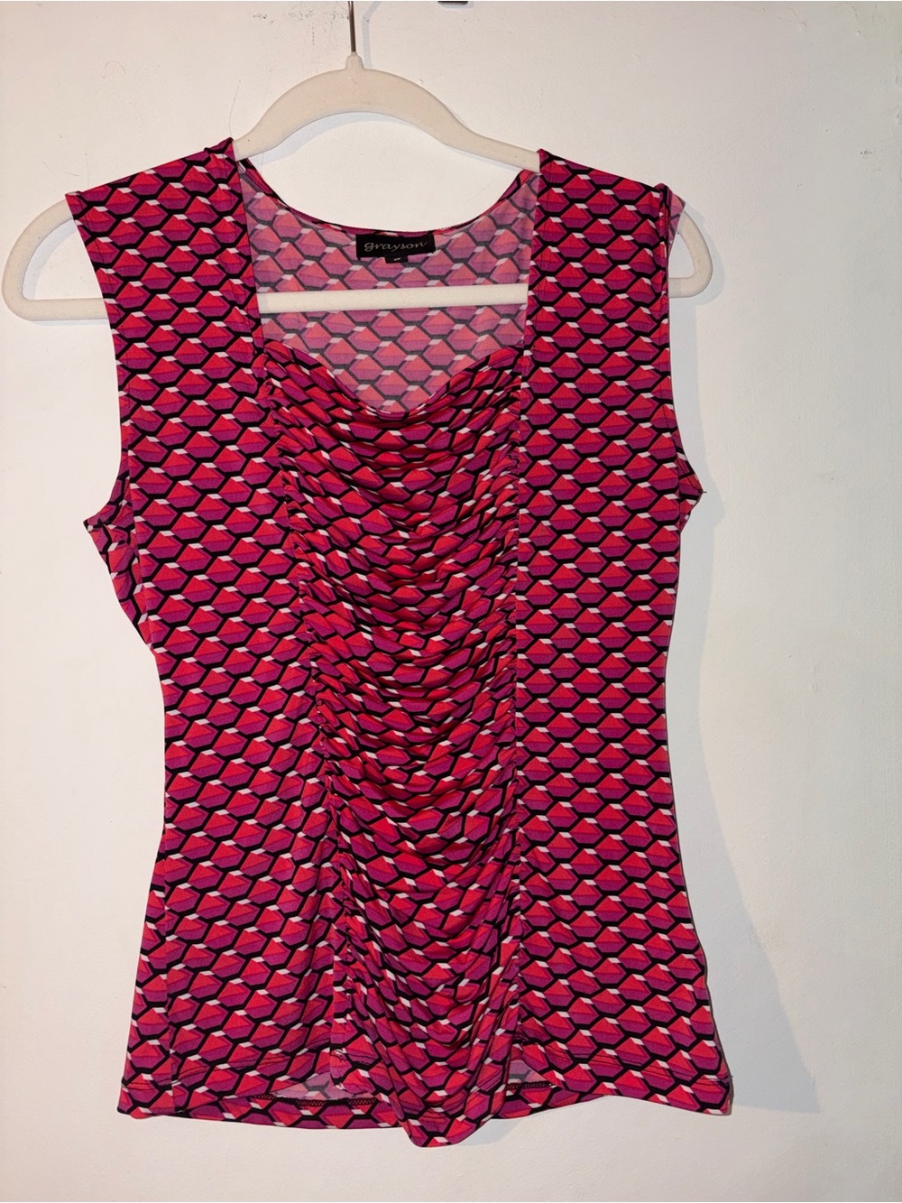Geometric Ruched Sleeveless Tank Top - Pink and Orange